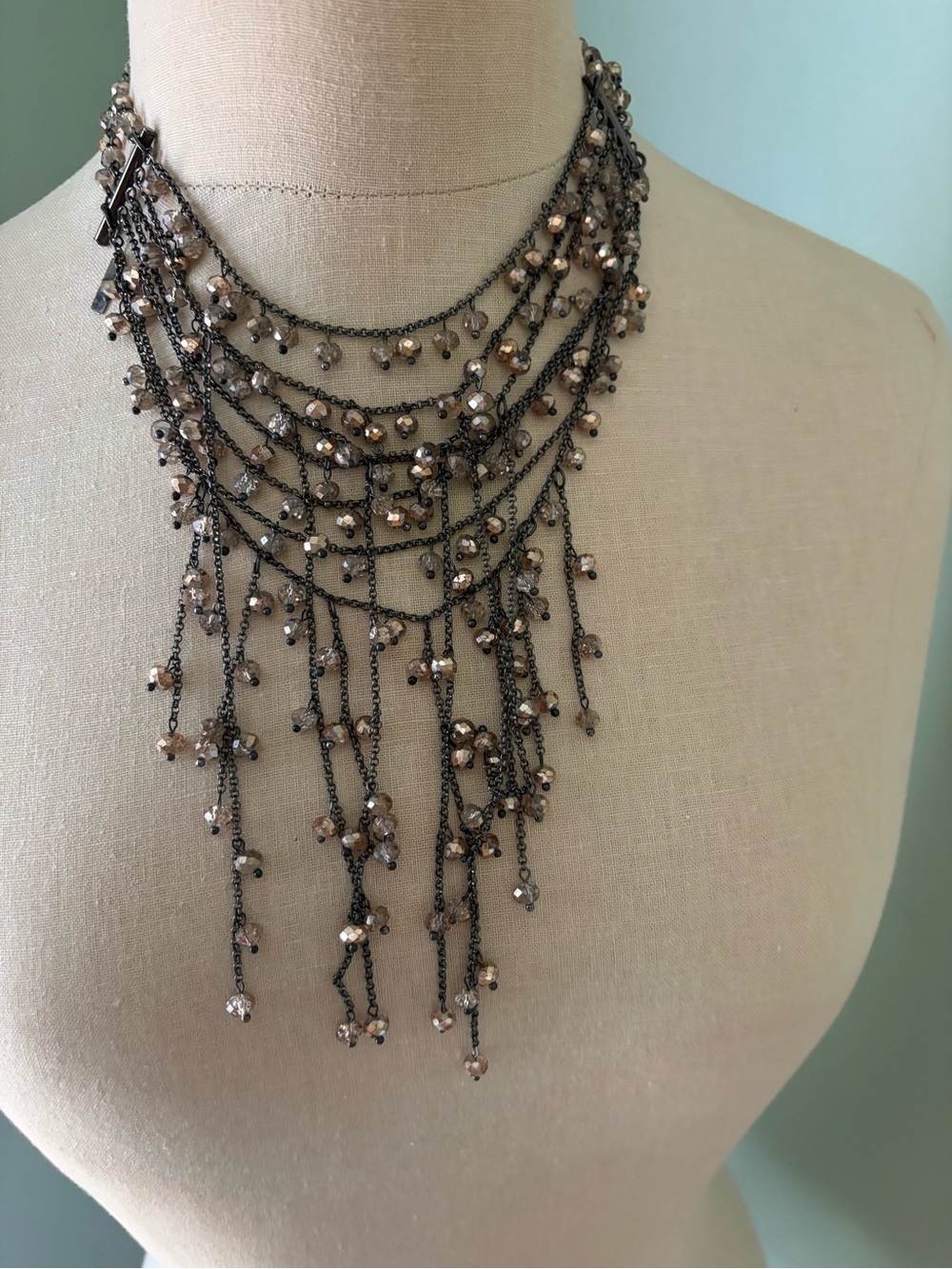 Multi-Strand Beaded Fringe Necklace in Champagne